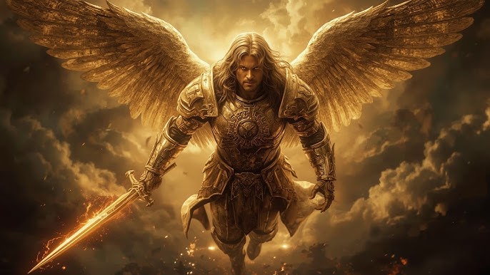 Anjo com asas abertas em luz dourada